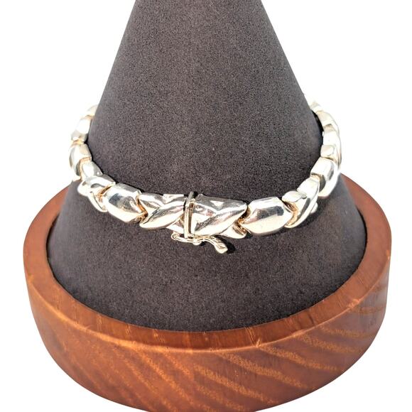 VTG Marked 925 Italy Sterling Polished X & O Link Slide In Clasp Safety Bracelet - Picture 2 of 7